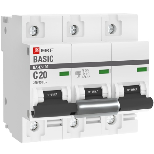 Автоматический выключатель 3P 20А (C) 10kA ВА 47-100 Basic | код  mcb47100-3-20C-bas | EKF